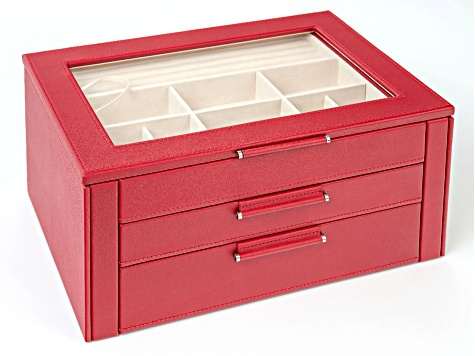 WOLF 3-Tier Jewelry Box with Window, Hanging Necklace Side Panels, and LusterLoc (TM) in Red