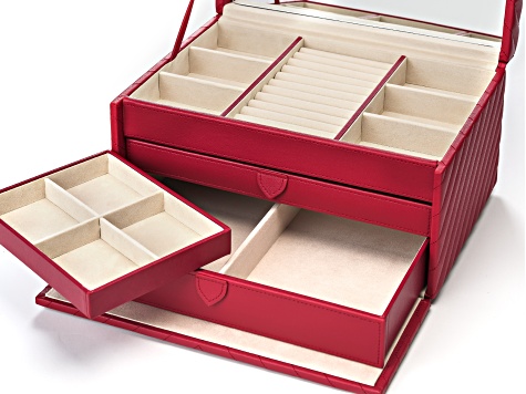 WOLF Large Jewelry Box with Chevron Quilt in Red with Ivory