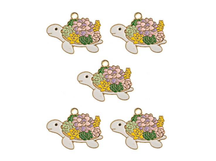 John Bead 29x21mm Enamel Turtle with Flowers Sweet & Petite Home & Garden Charms 5 Pieces