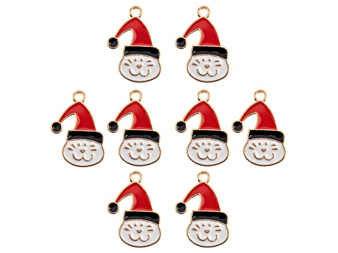 8-Piece Sweet & Petite Holiday Santa Cat Small Gold Tone Enamel Charms