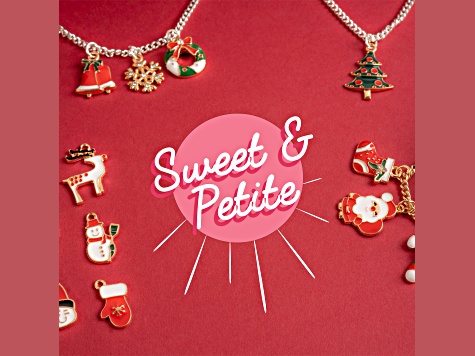 8-Piece Sweet & Petite Holiday Santa Cat Small Gold Tone Enamel Charms