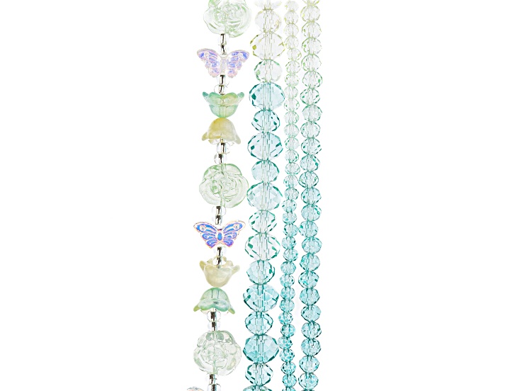 Crystal Lane DIY Yellow Teal Mix Tulip Roses Butterflies Rondelle 7" Glass Garden Bead Strands