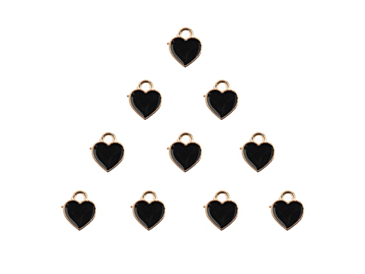 10-Piece Sweet & Petite Black Hearts Small Gold Tone Enamel Charms