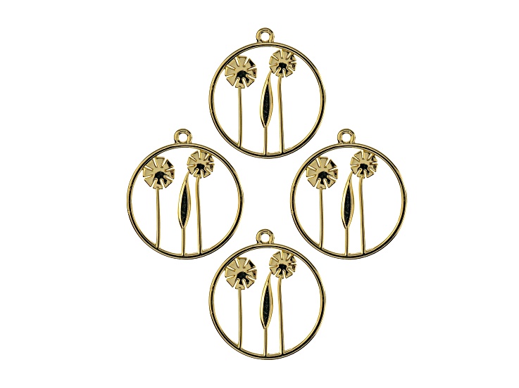 John Bead Gold Tone Alloy Circle with Flowers Beadwork Pendants 4 Pieces