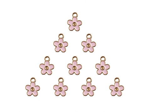 10-Piece Sweet & Petite Pink Flower Small Gold Tone Enamel Charms
