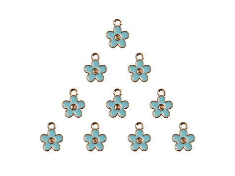 10-Piece Sweet & Petite Blue Flower Small Gold Tone Enamel Charms
