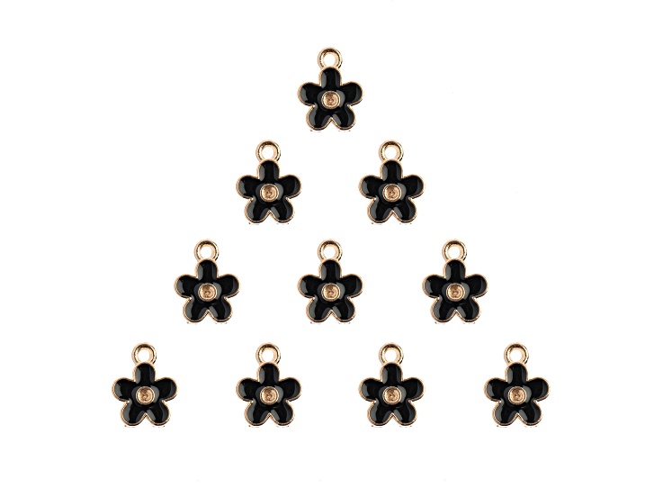 10-Piece Sweet & Petite Black Flower Small Gold Tone Enamel Charms