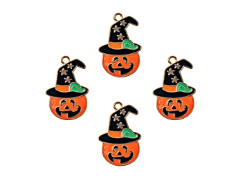 Picture of 4-Piece Sweet & Petite Halloween Pumpkin Witch Small Gold Tone Enamel Charms