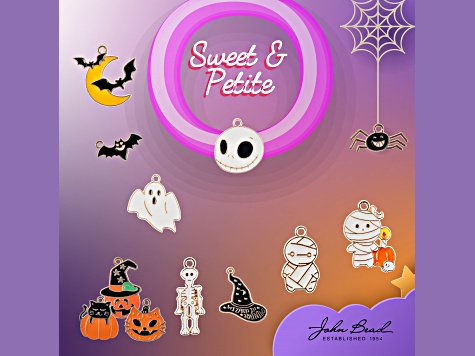 4-Piece Sweet & Petite Halloween Pumpkin Witch Small Gold Tone Enamel Charms