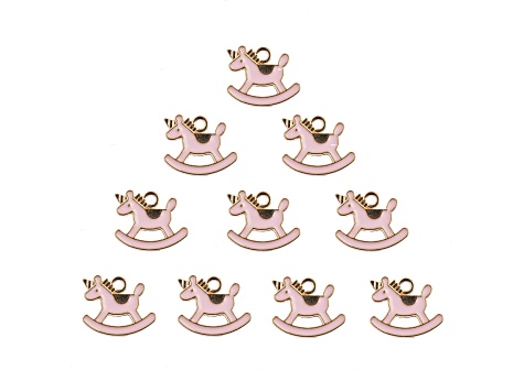 10-Piece Sweet & Petite Pink Rocking Horse Small Gold Tone Enamel Charms