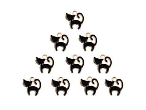 10-Piece Sweet & Petite Black Kitty Cat Small Gold Tone Enamel Charms