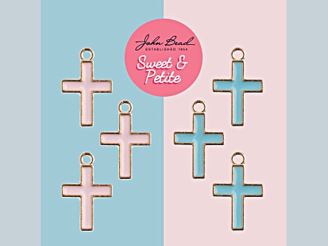 10-Piece Sweet & Petite Pink Cross Small Gold Tone Enamel Charms