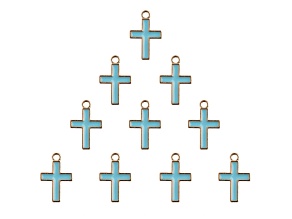 10-Piece Sweet & Petite Light Blue Cross Small Gold Tone Enamel Charms