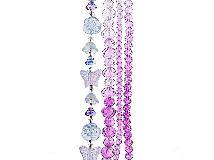 Crystal Lane DIY Purple Mix Butterflies Roses Flower Rondelle 7" Glass Garden Bead Strands