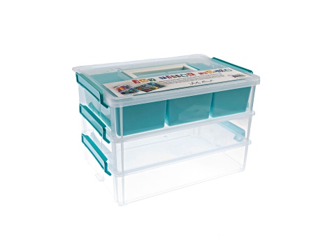 Joy Filled Storage 3 Stackable Clear Plastic Storage Containers with Turquoise Handles (10x7x2.5in)