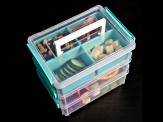 Joy Filled Storage 3 Stackable Clear Plastic Storage Containers with Turquoise Handles (10x7x2.5in)