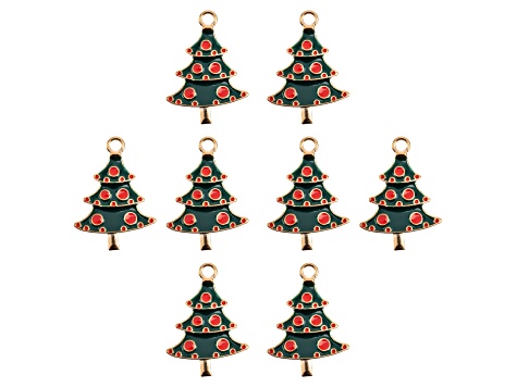 8-Piece Sweet & Petite Holiday Christmas Tree Small Gold Tone Enamel Charms