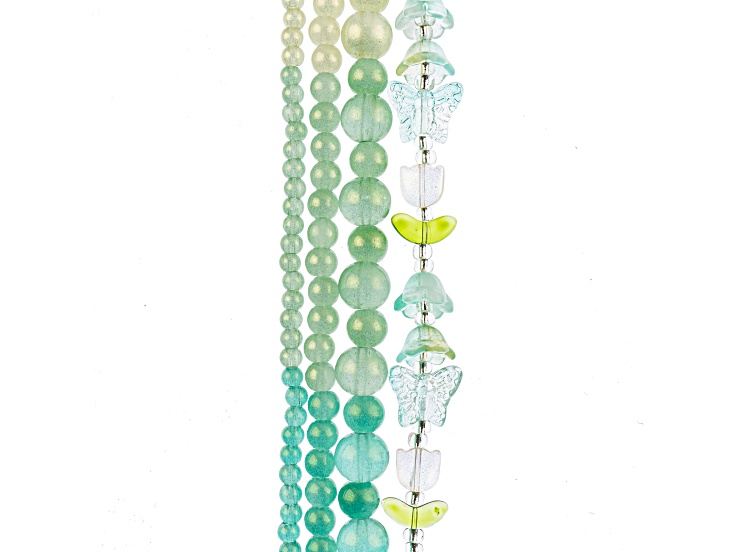 Crystal Lane DIY Green Aqua Mix Tulip Butterflies Pearlized Round 7" Glass Garden Bead Strands