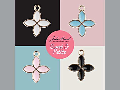 10-Piece Sweet & Petite White Four Petals Small Gold Tone Enamel Charms