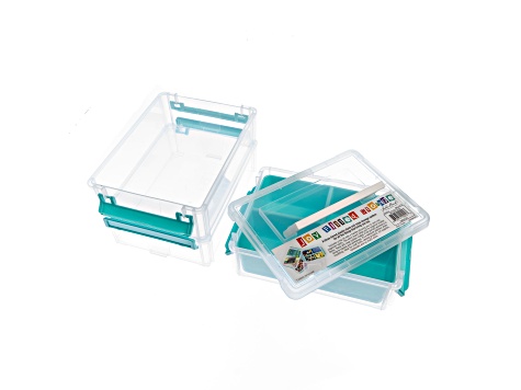 Joy Filled Storage 3 Stackable Clear Plastic Storage Containers with Turquoise Handles (8x6x2.5in)