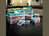 Joy Filled Storage 3 Stackable Clear Plastic Storage Containers with Turquoise Handles (8x6x2.5in)