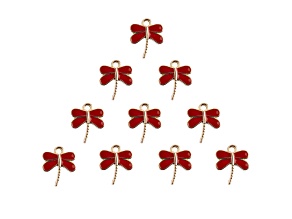 10-Piece Sweet & Petite Red Dragonfly Small Gold Tone Enamel Charms