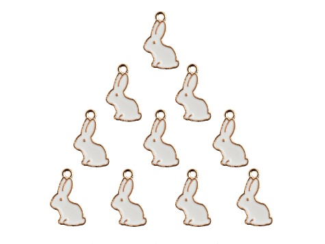 10-Piece Sweet & Petite White Bunny Rabbit Small Gold Tone Enamel Charms