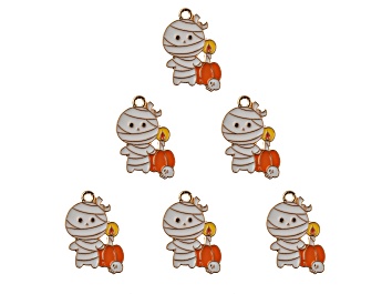 Picture of 6-Piece Sweet & Petite Halloween Mummy with Pumpkin Small Gold Tone Enamel Charms