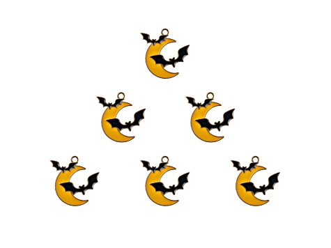 6-Piece Sweet & Petite Halloween Bats and Moon Small Gold Tone Enamel Charms