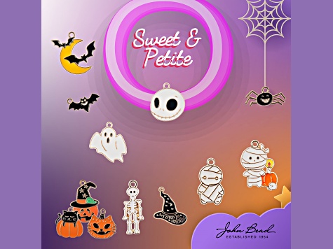 6-Piece Sweet & Petite Halloween Bats and Moon Small Gold Tone Enamel Charms