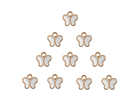 10-Piece Sweet & Petite White Butterfly Small Gold Tone Enamel Charms