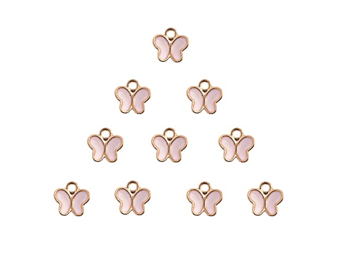 10-Piece Sweet & Petite Pink Butterfly Small Gold Tone Enamel Charms