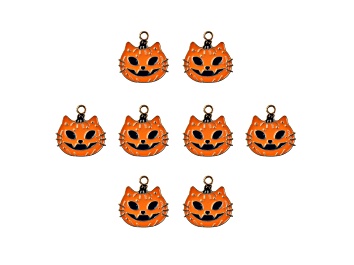 Picture of 8-Piece Sweet & Petite Halloween Cat Face Pumpkin Small Gold Tone Enamel Charms