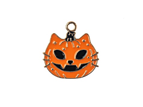 8-Piece Sweet & Petite Halloween Cat Face Pumpkin Small Gold Tone Enamel Charms