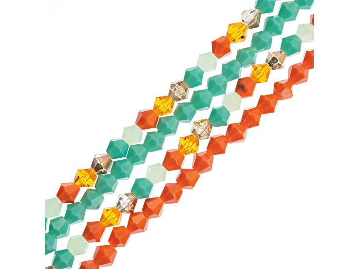 Crystal Lane DIY 6mm Teal & Orange Mix Glass Bicone 7" Designer 4 Bead Strands