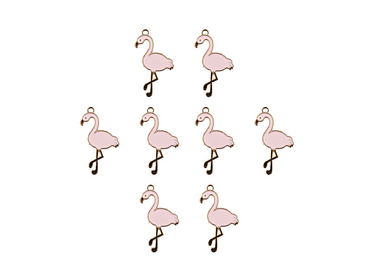 8-Piece Sweet & Petite Pink Flamingo Small Gold Tone Enamel Charms