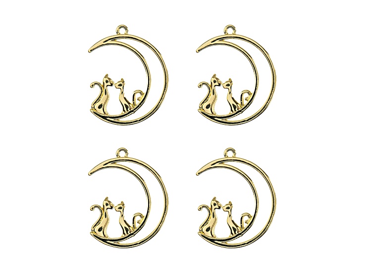 John Bead Gold Tone Alloy Moon with Cats Beadwork Pendants 4 Pieces
