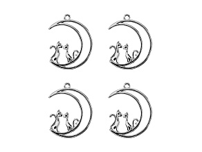 John Bead Silver Tone Alloy Moon with Cats Beadwork Pendants 4 Pieces