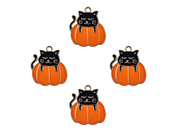 Picture of 6-Piece Sweet & Petite Halloween Cat in Pumpkin Small Gold Tone Enamel Charms