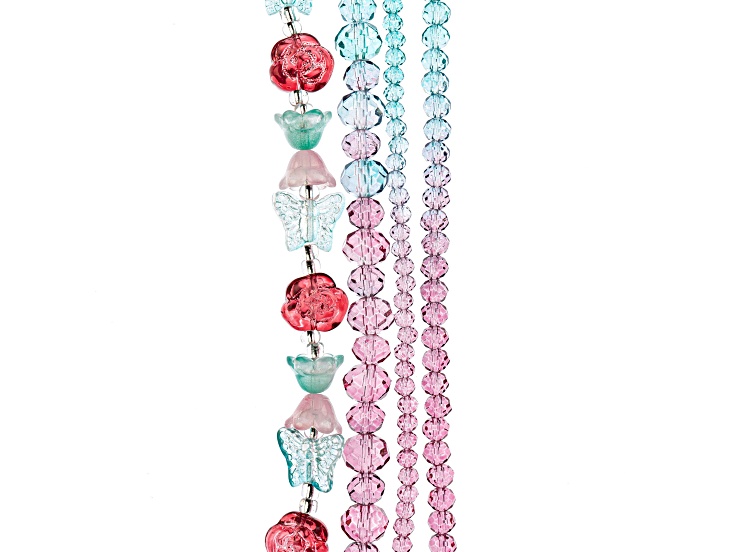Crystal Lane DIY Light Pink Blue Mix Roses Bell Flowers Rondelle 7" Glass Garden Bead Strands