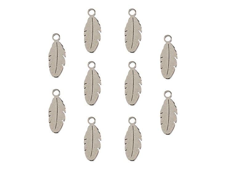 John Bead 4x11mm Silver Tone Stainless Steel Feather Sweet & Petite Charms 10 Pieces