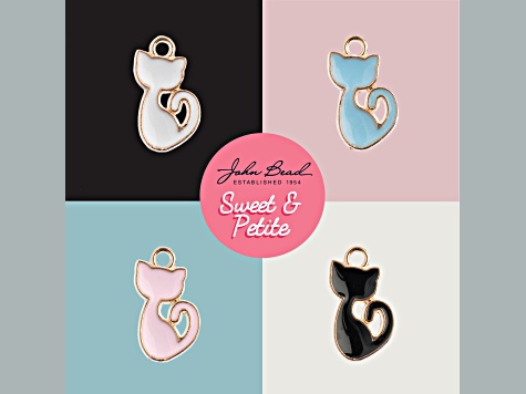 10-Piece Sweet & Petite White Retro Cat Small Gold Tone Enamel Charms