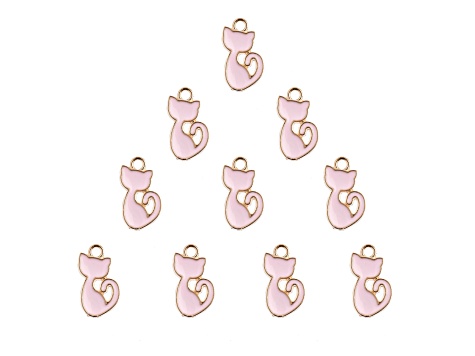 10-Piece Sweet & Petite Pink Retro Cat Small Gold Tone Enamel Charms