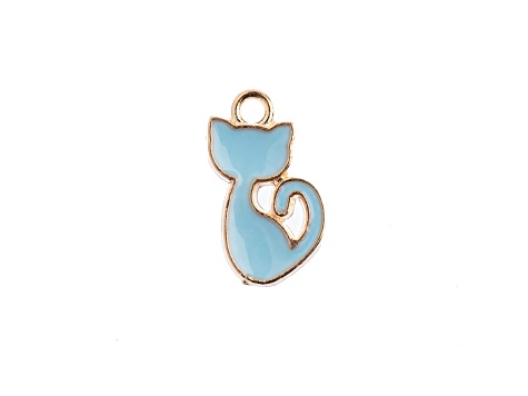 10-Piece Sweet & Petite Light Blue Retro Cat Small Gold Tone Enamel Charms