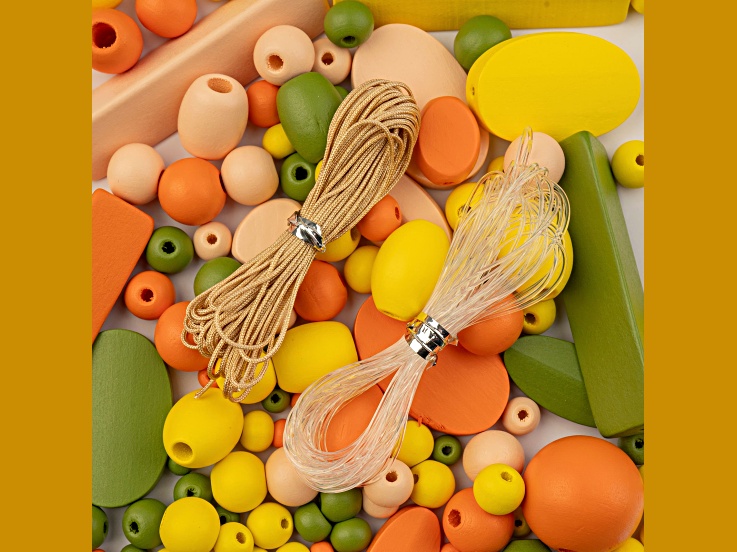 John Bead Orange & Green & Yellow & Light Peach Craft Wood Beads with Elastic Nylon Cord 90 Grams