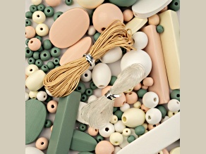 John Bead White & Cream & Light Peach & Green Craft Wood Beads with Elastic Nylon Cord 90 Grams