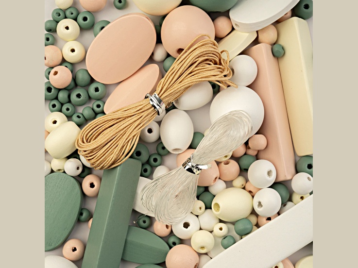 John Bead White & Cream & Light Peach & Green Craft Wood Beads with Elastic Nylon Cord 90 Grams