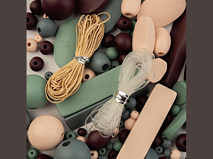 John Bead Grey & Dark Purple & Green & Natural Color Wood Beads with Elastic Nylon Cord 90 Grams