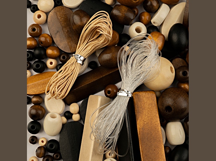 John Bead Black & Brown & Dark Brown & Natural Color Craft Wood Beads with Elastic Nylon Cord 90g
