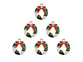6-Piece Sweet & Petite Holiday Wreath Small Gold Tone Enamel Charms